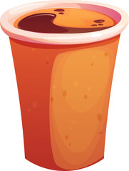 Poster - Cartoon fast food coffee cup filled with soothing warm drink, covered with a foam. Isolated vector rich, dark liquid in open disposable carton mug, exudes cozy morning comfort and on-the-go relaxation