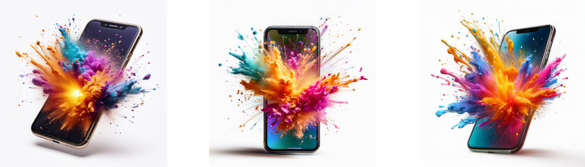 Poster - Three smartphones on a white background with a multicolored paint explosion coming from the screen.