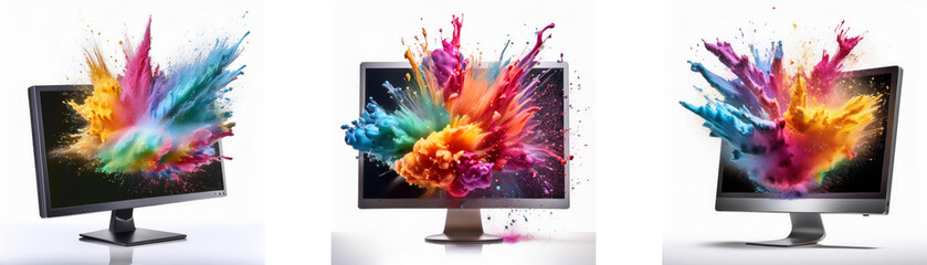 Poster - Three computer monitors with vibrant color explosions bursting out of the screens.