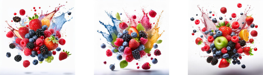 Poster - Three images of vibrant, colorful fruits in mid-air with splashes of liquid around them, creating an explosion of fresh flavor.