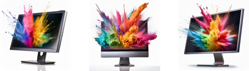 Poster - Three computer monitors with colorful explosions of paint emanating from the screens.