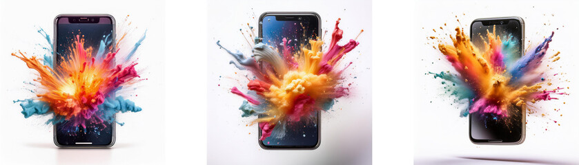 Poster - Three smartphones surrounded by colorful paint explosions on a white background.