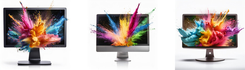 Poster - Three computer monitors with colorful paint explosions on their screens.