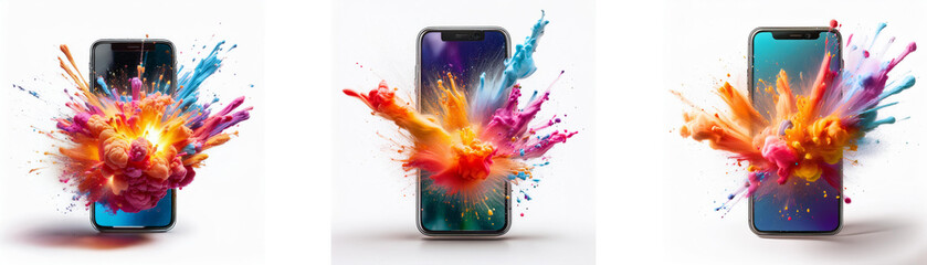 Poster - Three smartphones displayed on white background with colorful paint splatters.