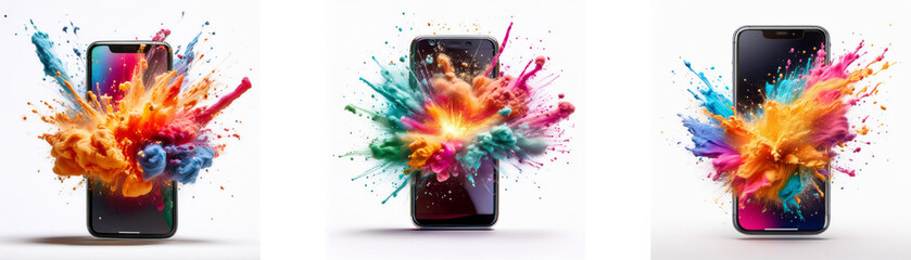 Aufkleber - Three smartphones are displayed against a white background, each engulfed in a vibrant, colorful explosion.