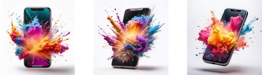 Poster - Three smartphones with vibrant, colorful explosions of paint behind them.