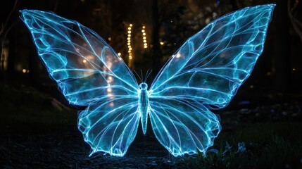Wall Mural - a glowing blue butterfly shape created using light painting in a dark grassy area with out-of-focus 