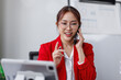 © David - Asian busty employee, Young asian business woman holding paper while working and talking phone at office table, Happy office girl working, business people casual lifestyle