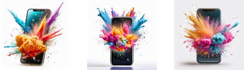 Poster - Three smartphones are shown against a white background, with colorful paint splattering around each device.