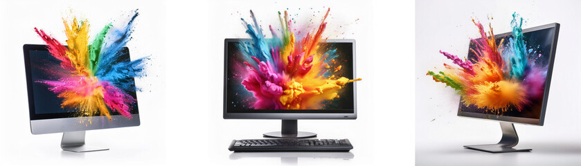 Poster - Three desktop computers with colorful splashes bursting from their screens.