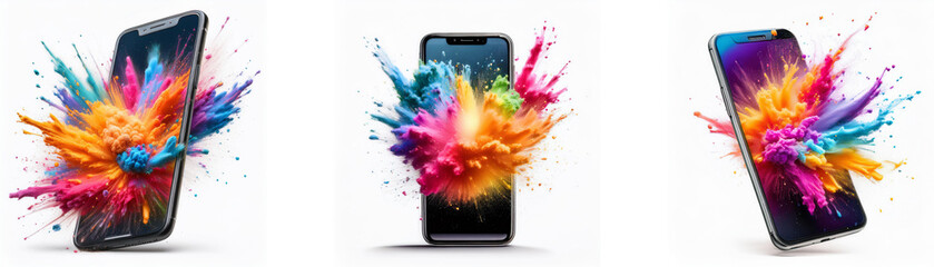 Aufkleber - Three smartphones with bright, colorful paint explosions behind them.