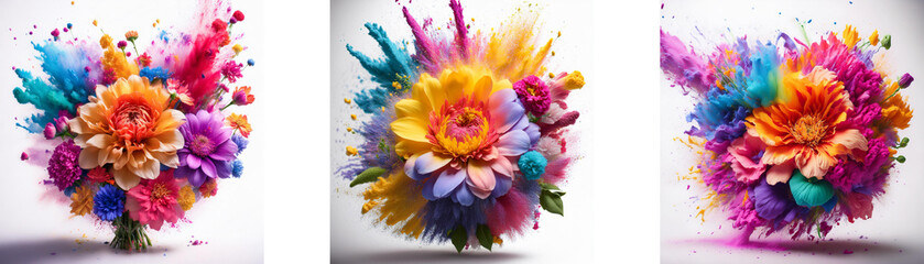 Poster - Three colorful flower arrangements with a paint-like explosion effect around them.