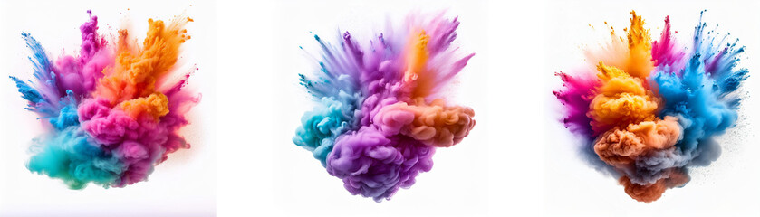 Aufkleber - Three colorful powder explosions on a white background.