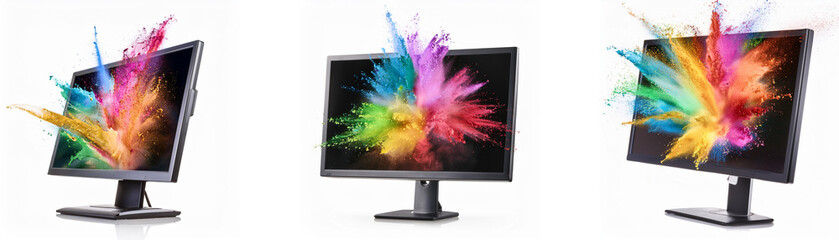 Poster - Three computer monitors with colorful splashes coming out of the screen.