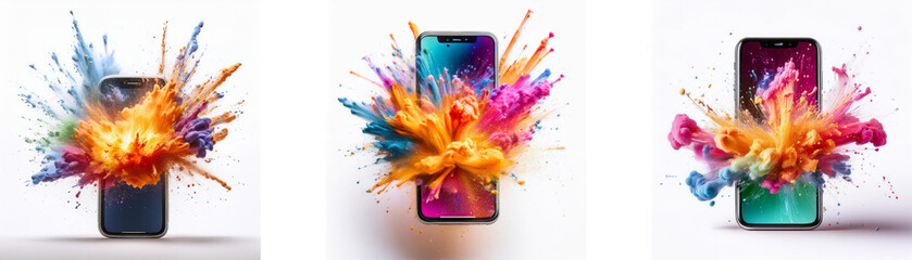 Poster - Three smartphones with vibrant colored powder explosions behind them on a white background.