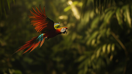 a rare hybrid parrot, a mix of scarlet and green macaws, flies through the jungle in costa rica. it'