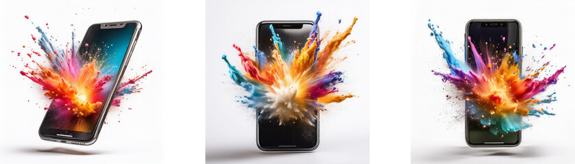 Poster - Three smartphones with bright colorful explosions of paint coming out of the screens.