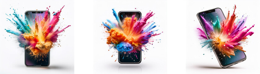 Poster - Three smartphones are shown in a white background, each surrounded by a colorful explosion of paint.