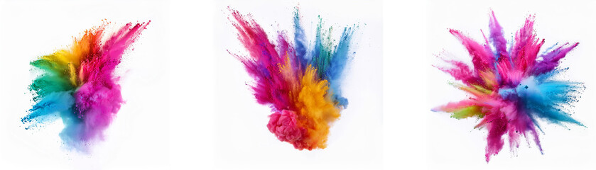 Three colorful explosions of powder on a white background.