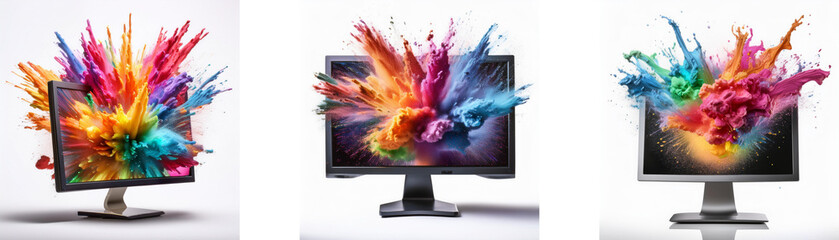 Poster - Three computer monitors with vibrant colors bursting from the screen.