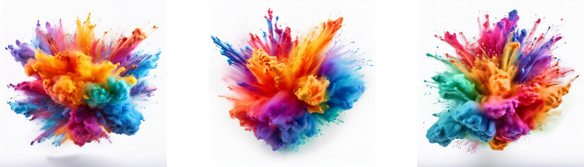 Poster - Three vibrant color powder explosions on a white background.