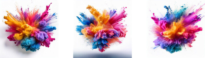 Poster - Three colorful powder explosions on a white background.