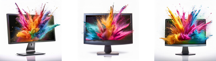 Aufkleber - Three computer monitors displaying vivid colorful explosions bursting from the screen.