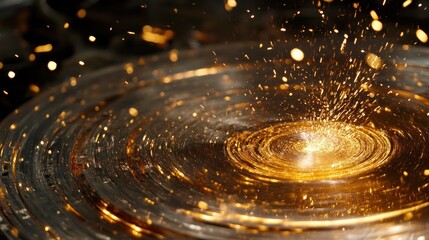 Wall Mural - a close-up shot of golden sparks flying from a surface creating concentric circles and a glowing cen