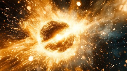 Wall Mural - a glowing orb of light with sparks and dust radiating outwards against a dark background.
