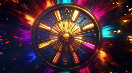 Wall Mural - a golden clock face with a blue center, surrounded by a colorful, abstract background.