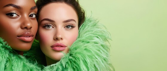 Two women pose closely together, wearing vibrant green fur pieces against a light green background.