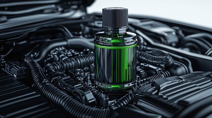 Explore the innovative design of a sleek engine oil additive bottle in a modern automotive setting