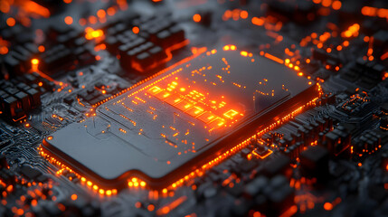 Circuit Board with Glowing Orange Lights - 3D Illustration