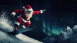© pornchan - Santa pulling off a snowboard trick, starry night backdrop, Northern Lights, Snowboarding Santa Claus, holiday magic