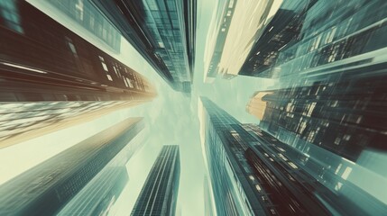 Wall Mural - a worm's-eye view of skyscrapers reaching towards a cloudy sky.