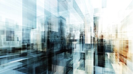 Poster - Abstract futuristic city with glass buildings and a white background.