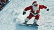 © pornchan - Santa Claus snowboarding at a ski resort, people in holiday attire watching, Snowboarding Santa Claus, festive crowd