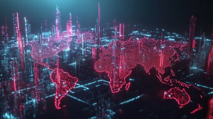 Poster - A futuristic digital world map, with glowing red lines connecting continents and a blue grid in the background.