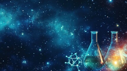 Wall Mural - two beakers with glowing liquid against a starry sky background with a molecular model.