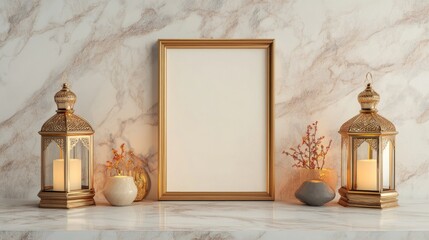 Wall Mural - a gold frame mockup with two lit lanterns and decorative vases on a marble surface.