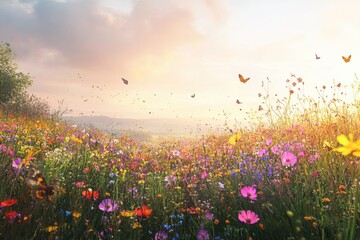 A colorful field of wildflowers in full bloom with bees and butterflies flying among the blossoms