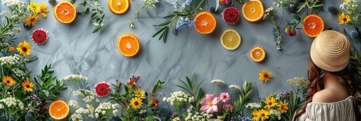 Natural Beauty with Fresh Flowers and Citrus Fruits