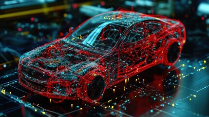 Wall Mural - a futuristic car with a glowing digital wireframe, highlighting its intricate design and internal co