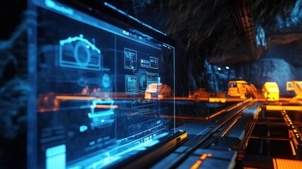 Poster - A futuristic mining operation with a laptop displaying data on a monitor in a dimly lit underground environment.