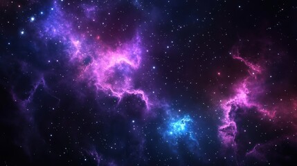 a cosmic starry sky background with bright twinkling stars and swirling nebula clouds in deep purple