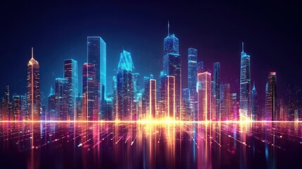 Poster - A futuristic city skyline at night with neon lights and a reflection on the water.