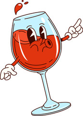 Poster - Groovy red wine glass character, playful alcohol drink personage. Isolated cartoon vector beverage wineglass with splash and funny face ready for celebration and enjoyment with joyful and lively vibes
