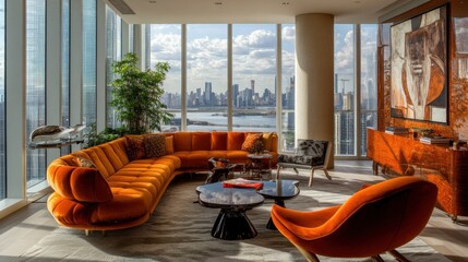 Wall Mural - Modern living room with large windows overlooking a cityscape.