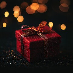 A red gift box with a glittering ribbon, set against a dark background, with golden lights and a bokeh effect