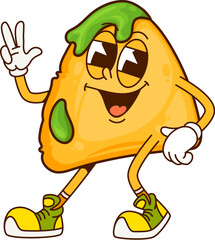 Poster - Cartoon fast food nacho chip groovy character. Street cafe snack, Mexican takeaway meal or junk menu nacho chip funny cartoon isolated vector mascot. Fast food cafe snack happy groovy character